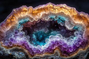 Poster - A stunning geode displaying layers of crystalline structures in purple, blue, and gold, revealing its inner beauty and geological formation.