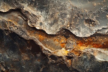 Leinwandbilder - Abstract close-up of layered rock formations with a mix of dark and rusty tones, creating a textured surface.
