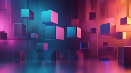 Poster - Futuristic minimalistic background featuring floating colorful 3D cubes and soft reflections in neon color gradients