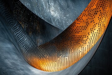 Poster - Abstract perforated metal structure showing warm tones against cooler grays, creating a textural and modern aesthetic.