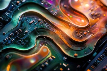 Aufkleber - A colorful and complex circuit board design with intricate pathways and vibrant colors, hinting at advanced technology and interconnected systems.