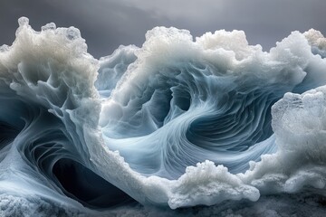 Poster - A dramatic, abstract depiction of a powerful ocean wave, rendered with cool blues and whites against a stormy gray sky.