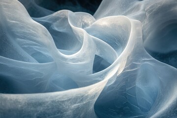 Fototapete - Abstract image of light blue and white flowing fabric, creating soft curves and a sense of lightness.