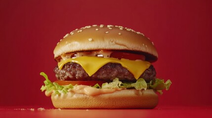 Aufkleber - Mouthwatering cheeseburger with melted cheese, fresh veggies, and sesame bun against a vibrant red background