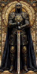 dark knight in ornate gold armor with sword