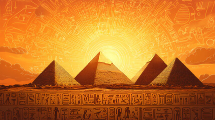 Wall Mural - ancient egyptian hieroglyphs engraved on stone, pyramids in background, sunset light. engraved relic