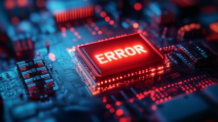 Glowing red rectangular ERROR button on tech background. Technology concept