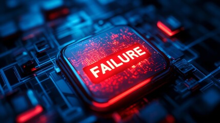 Glowing red rectangular FAILURE button on tech background. Technology concept