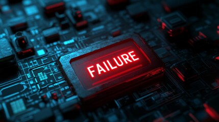 Glowing red rectangular FAILURE button on tech background. Technology concept