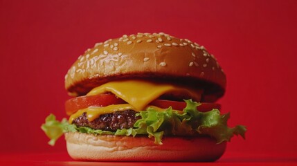 Aufkleber - Juicy cheeseburger with melted cheese, fresh lettuce, and tomato on a sesame bun against a vibrant red background