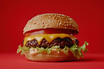 Aufkleber - Juicy cheeseburger with melted cheese, fresh lettuce, and tomato against a vibrant red background showcasing mouthwatering details