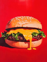Aufkleber - Juicy cheeseburger with melted cheese, fresh ingredients, and vibrant colors against a bold red backdrop for an enticing culinary presentation