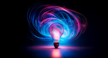 Wall Mural - a glowing light bulb emits vibrant blue and pink light trails swirling around it against a dark back