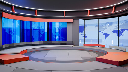 Wall Mural - 3D Virtual TV Studio News, Backdrop For TV Shows .TV On Wall.3D Virtual News Studio Background,3d illustration