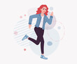 © andrew_rybalko - Woman with dyed red hair wearing denim jacket running pose. Attractive bright female, trendy sport shoes, jeans for relaxed city life style. Vector flat style cartoon illustration creative background