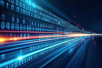 Aufkleber - Binary Code Digital Highway with Light Trails on Dark Blue Background  Futuristic Technology Concept