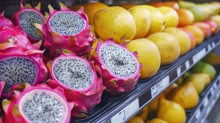 Aufkleber - Colorful supermarket shelf showcasing exotic tropical fruits including dragon fruit, passion fruit, mango, and papaya in natural tones