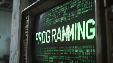 blue programming word text on monitor screen. coding concept. technology background