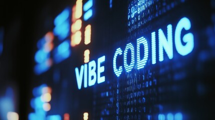 Blue vibe coding words on monitor screen. Vibe coding concept. Technology background