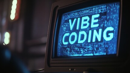 blue vibe coding words on monitor screen. vibe coding concept. technology background