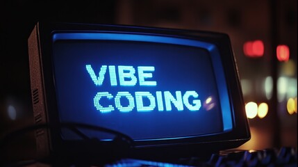 Blue vibe coding words on monitor screen. Vibe coding concept. Technology background