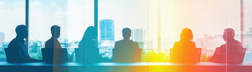 Fototapete - Blurred silhouettes of people in a coworking space or glassed office
