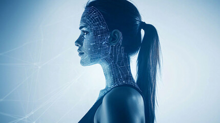 Wall Mural - woman's face adorned with a wire on her neck in a sci-fi environment with low-key lighting emphasizi