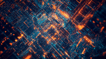 Wall Mural - dark and orange background with soft light creating an atmospheric sci-fi environment featuring cybe