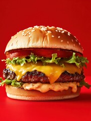 Aufkleber - Juicy cheeseburger with melted cheese, lettuce, and tomato against a vibrant red background, showcasing mouthwatering details