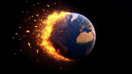 a digital rendering of planet earth, partially engulfed in a fiery, glowing arc of embers and sparks
