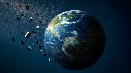 Wall Mural - A digital rendering depicts Earth with numerous small, dark cubic objects and glittering particles dispersing away from it, suggesting space debris or a catastrophic event.