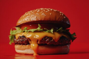 Aufkleber - Juicy cheeseburger with melted cheese, fresh lettuce, and tomato on sesame bun against vibrant red background for mouthwatering appeal
