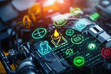 Poster - Creative fusion of powerful engine mechanics and renewable energy symbols highlighting the contrast in modern energy solutions