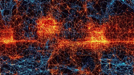 A vibrant network of interconnected orange and blue lights creating a stunning visual display against a dark background