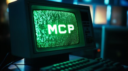 green glowing mcp text on vintage computer monitor