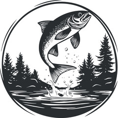 Wall Mural - Black and white illustration of a jumping trout in a river with trees and splash.
