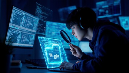 Young coder examines laptop code using magnifying glass in dark room technology