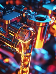 Aufkleber - Close-up view of an engine piston showcasing gasoline flow in vibrant neon highlights and cutting-edge automotive design