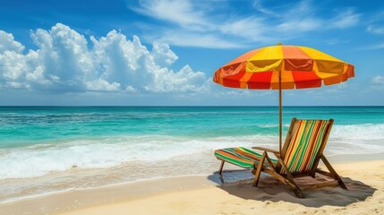 Poster - Colorful beach relaxation with striped sun lounger and bright umbrella near ocean waves on a tropical vacation