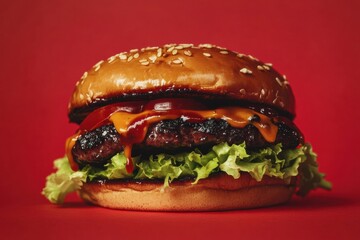 Poster - Juicy cheeseburger with melted cheese and fresh toppings set against a vibrant red background