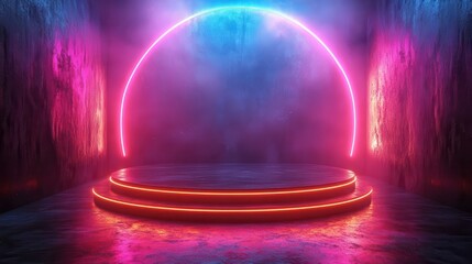 Wall Mural - black product background stand or podium pedestal on advertising neon light display with blank backd