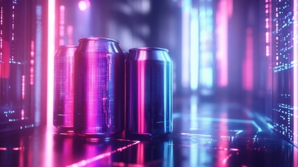 Fototapete - Futuristic neon-lit environment featuring stacked energy drink cans with a vibrant cyberpunk aesthetic and electric reflections