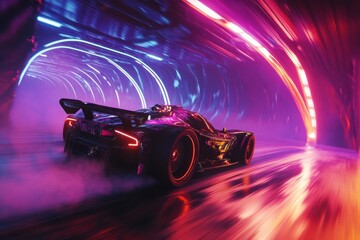 Poster - Futuristic race car accelerates through neon-lit tunnel with vibrant smoke in a high-tech cyberpunk environment
