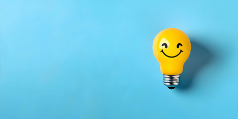 Wall Mural - a cheerful yellow light bulb with a smiling face on a bright blue background, symbolizing creativity