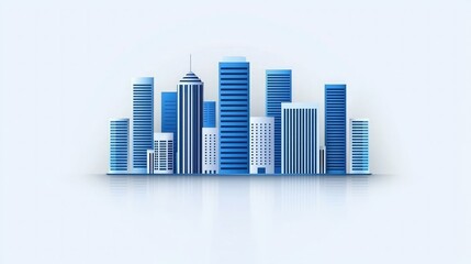 A modern city skyline illustration featuring various blue-toned buildings against a light background.