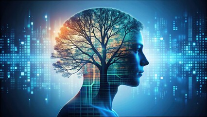 Poster - Silhouette of Woman with Tree and Data Visualization Background