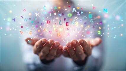 Poster - Hands Holding Digital Particles with Colorful Letters and Text Elements