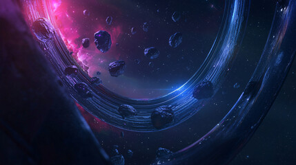 Wall Mural - majestic space station orbiting a distant planet with a sleek spaceship passing through asteroid bel