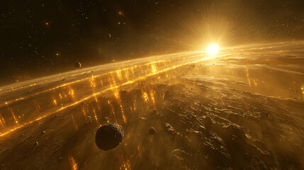 Wall Mural - distant view of a space station floating in the cosmic expanse surrounded by asteroid belts and illu
