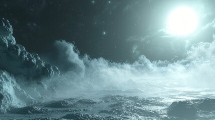 Wall Mural - rugged rocky landscape under the glowing light of a moon creating a stunning contrast against the da